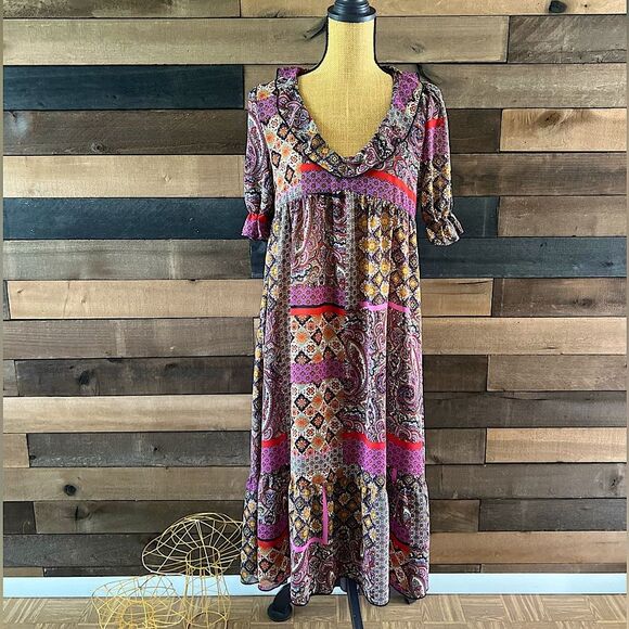 Modern Sheer Patchwork Paisley Ruffled Short Sleeve Maxi Dress - Picture 1 of 5